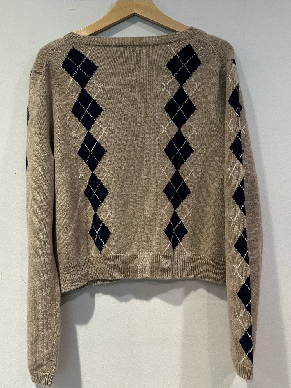 Reformation Women’s Clara Cashmere Cardigan with beige and Navy Diamonds - Picture 8 of 10